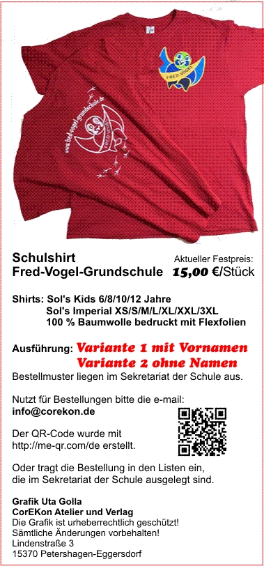 Schulshirts Kollektion 2024 rot, Fred-Vogel-Grundschule, U.G., Änderungen vorbehalten!